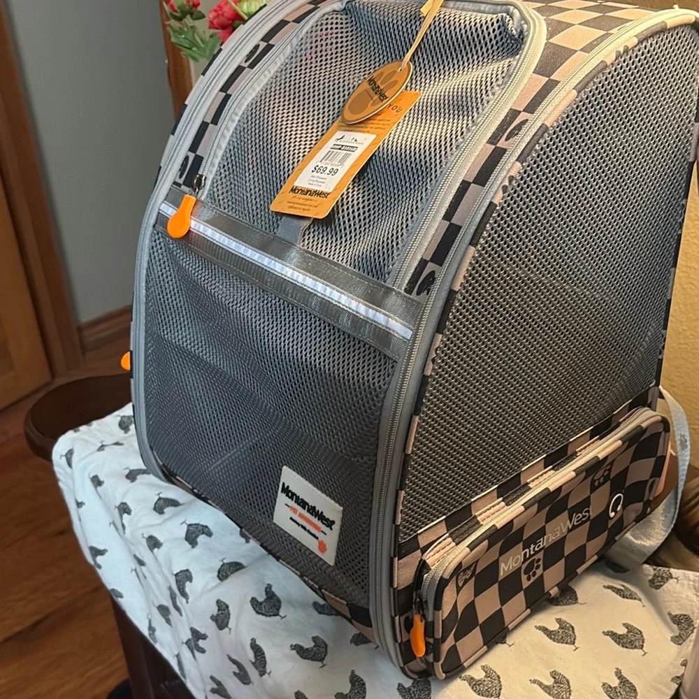 Montana West Checkered Gray Pet Carrier with Orange Accents